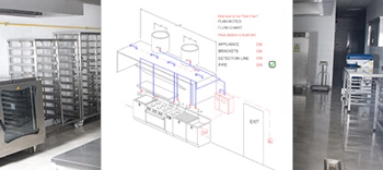 commerical kitchen fire safety drawing on top on photo of kitchen